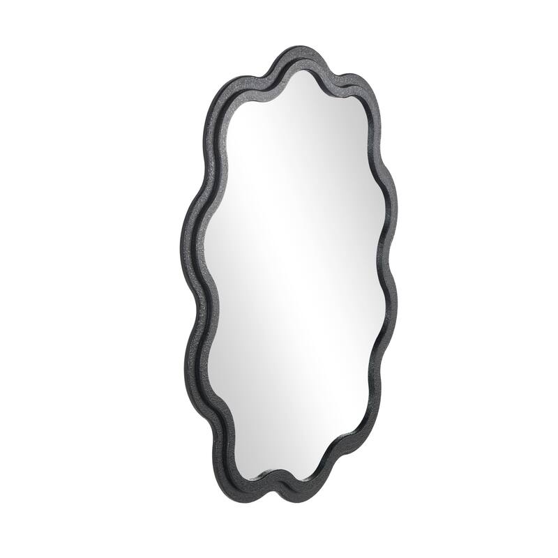 Black Wooden Handmade Wavy Room Wall Mirror with Dimensional Carved Frame