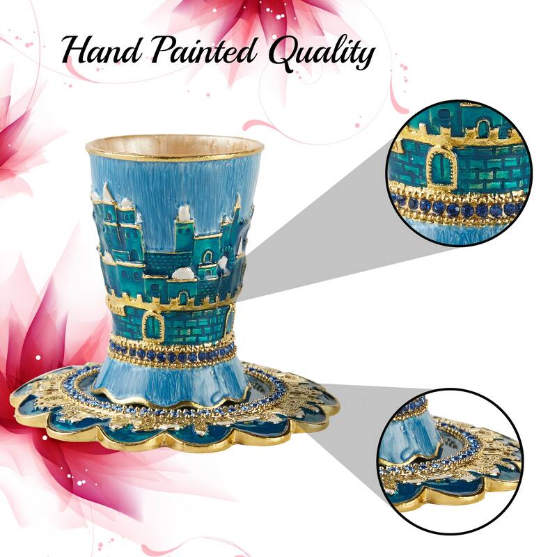 Matashi Hand-Painted Enamel 3.3'' Tall Kiddush Cup Set w/ Tray Embellished w/ High Quality Crystals & Jerusalem Cityscape Design