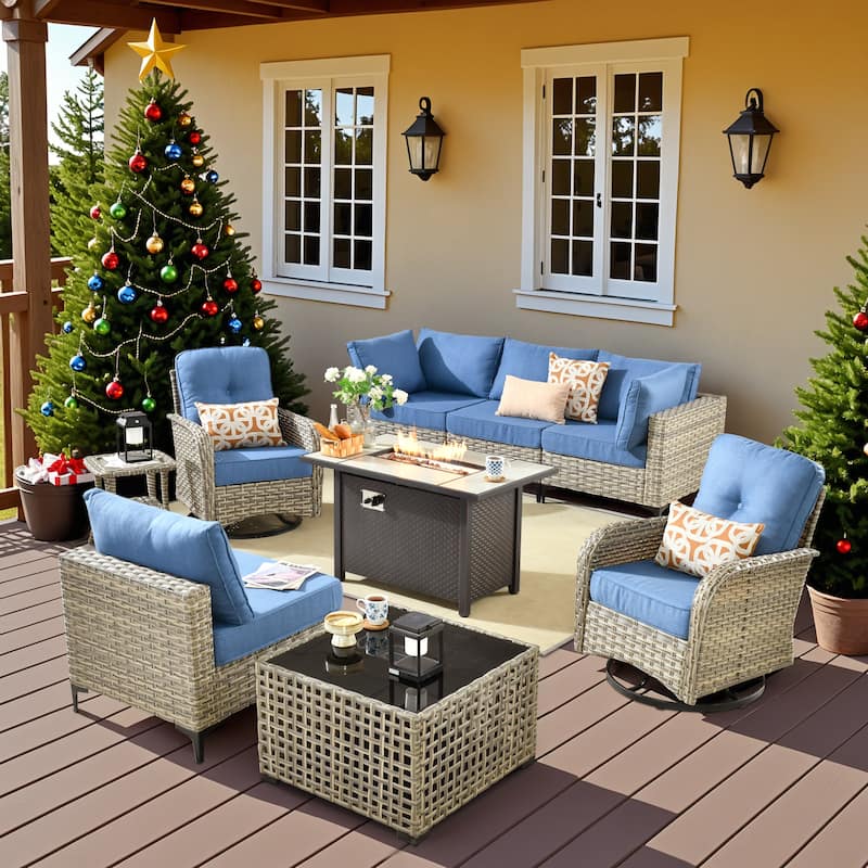 OVIOS 9 Pieces Outdoor Wicker Swivel Chair Set With Fire Table