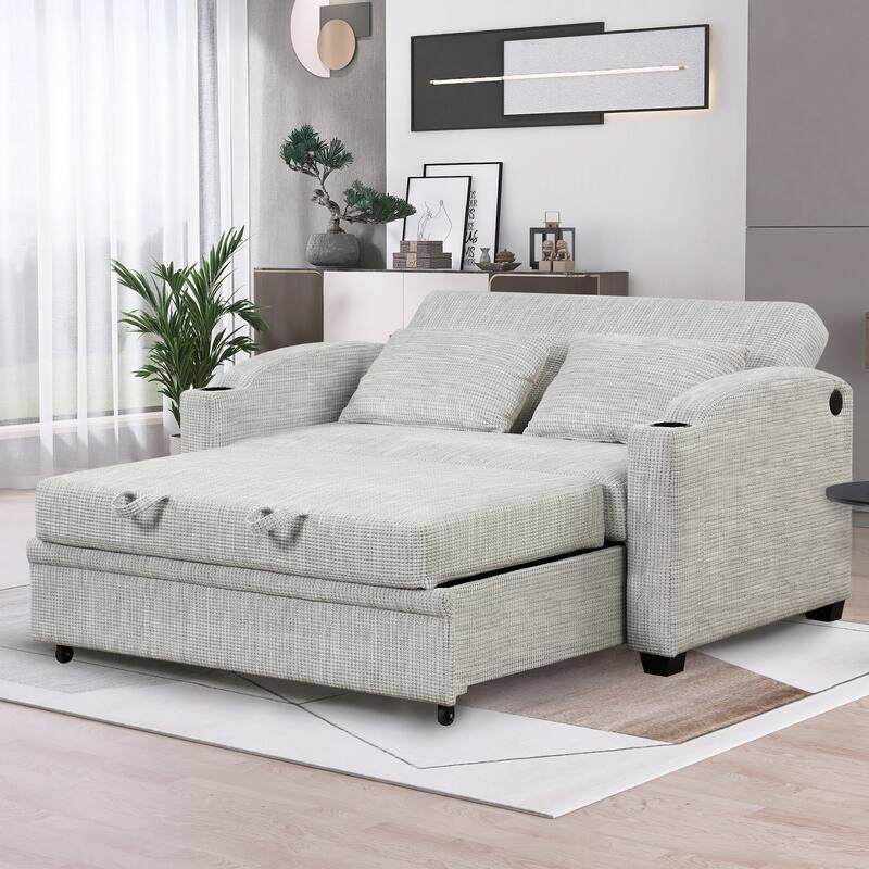 61.6" Pull Out Sofa Bed with Adjustable Backrest, 2 Pillows, Cup Holders & USB Ports, White Gray, Chenille