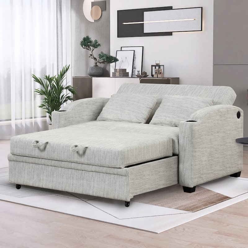 Chenille Loveseat Convertible Pull-out Sleeper Sofa Bed Adjustable Backrest Tufted Couch with 2 Pillows & USB Ports