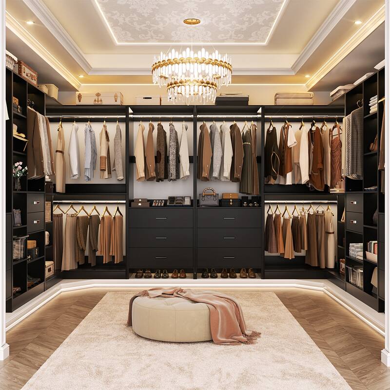 Rackcog Set of 5 Large Closet System with Drawers, Coner Closet Organizers with Hanging Rods and Shelves