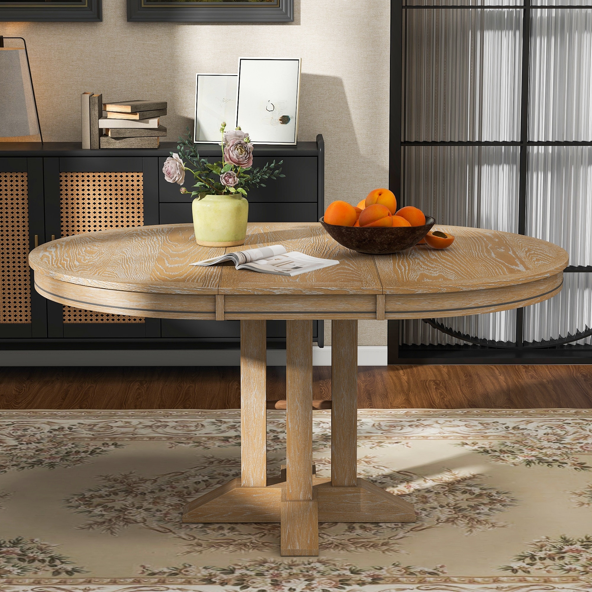 Farmhouse 56" Dining Table Expandable Round Design for Kitchen and Dining Room with X-Shape Support