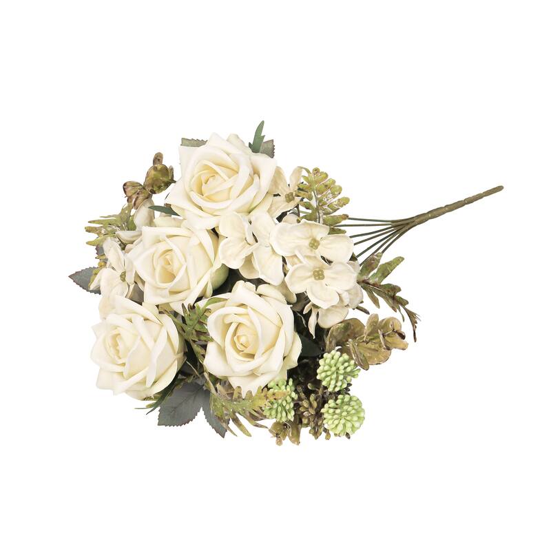 Set of 2 Cream Ivory Artificial Mixed Tea Rose Hydrangea Berry Flower Stem Bush Bouquet 15in - 15" L x 9" W x 9" DP