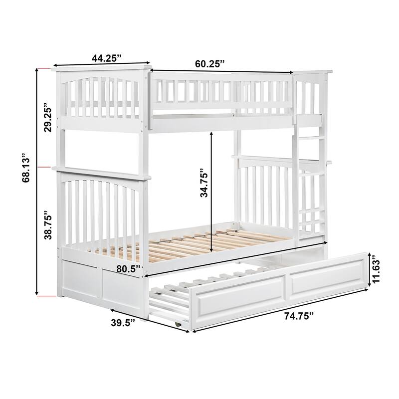 Columbia Bunk Bed Twin over Twin with Twin Trundle in White