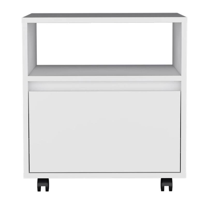 White Nightstand with Single Drawer and Casters, Space-Saving Design
