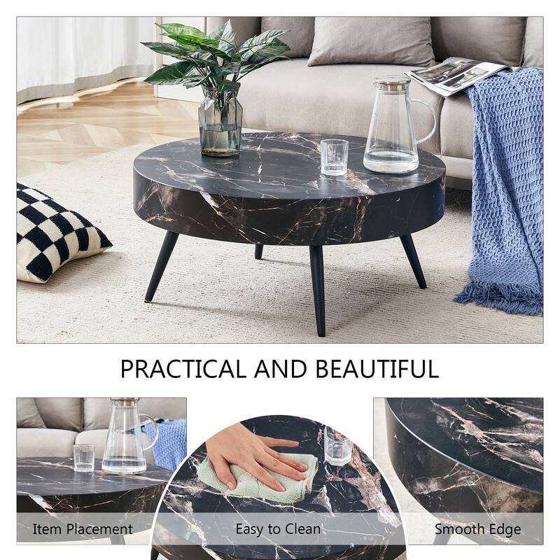 31.5 Inch Round Coffee Table with Adjustable Legs Small End Table with Marble Sticker Top Home Center Table