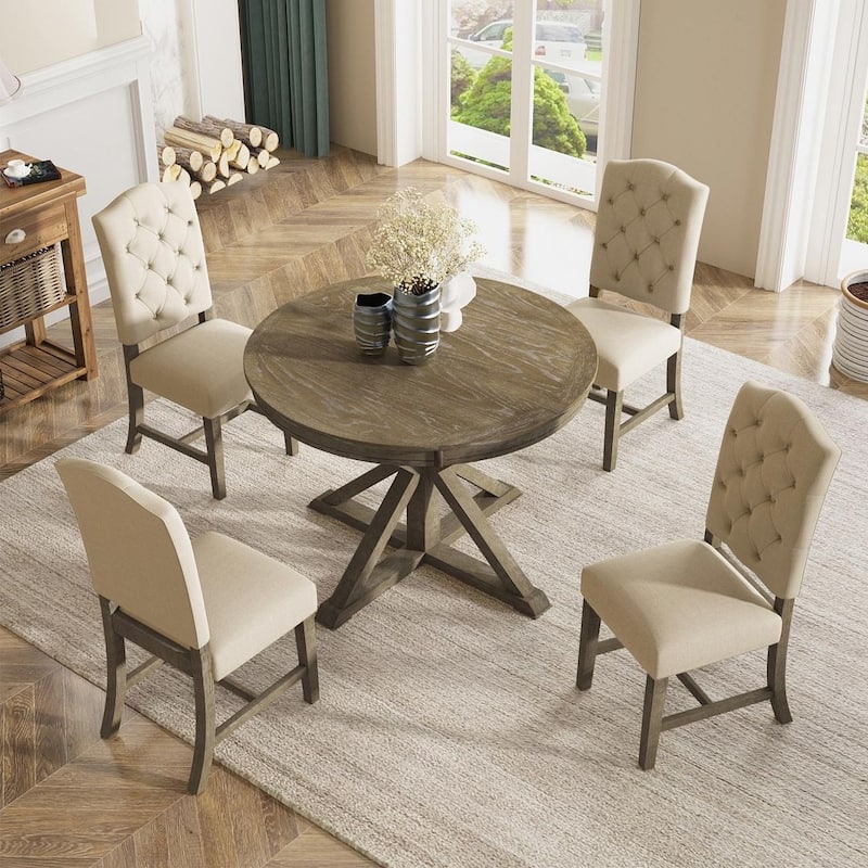 Wooden Round Drop Leaf Extendable Dining Table Set with 4 Upholstered Chairs
