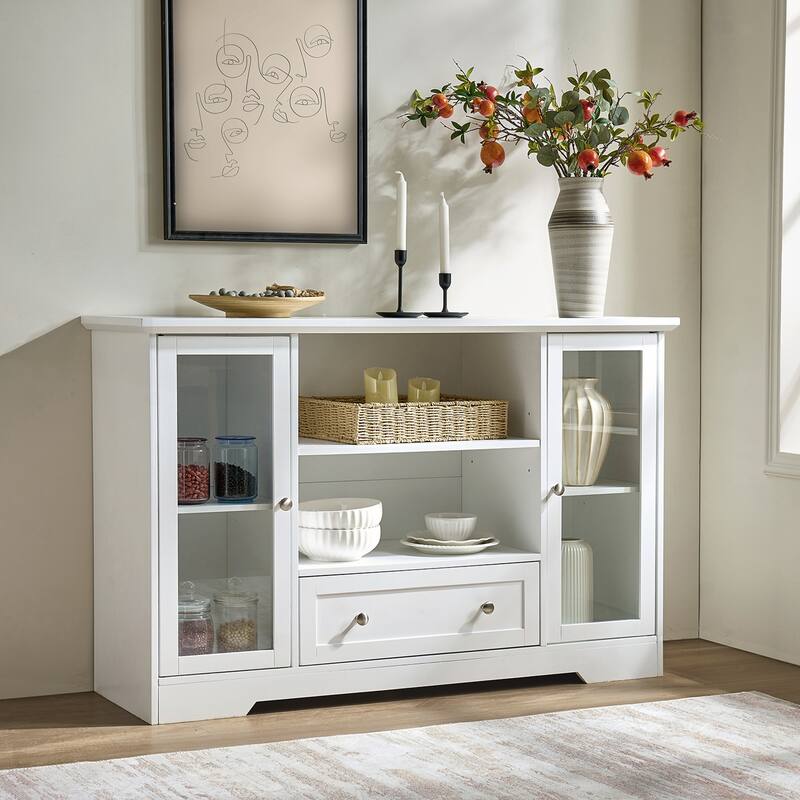 Modern White Storage Cabinet with Glass Doors Shelves Drawer