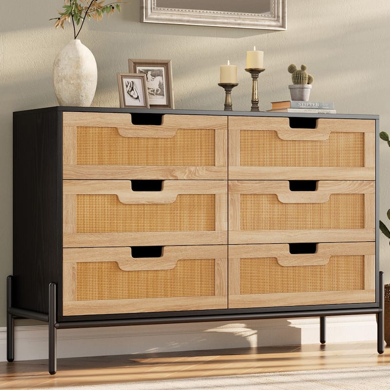 5/6 Drawer Dresser for Bedroom, Natural Rattan Modern Wooden Dresser, Farmhouse Storage Cabinet Chest - 6-drawer - Black and Oak