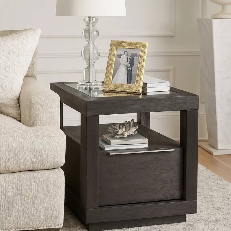 Acacia Wood End Table with Glass Insert Tabletop, Gray