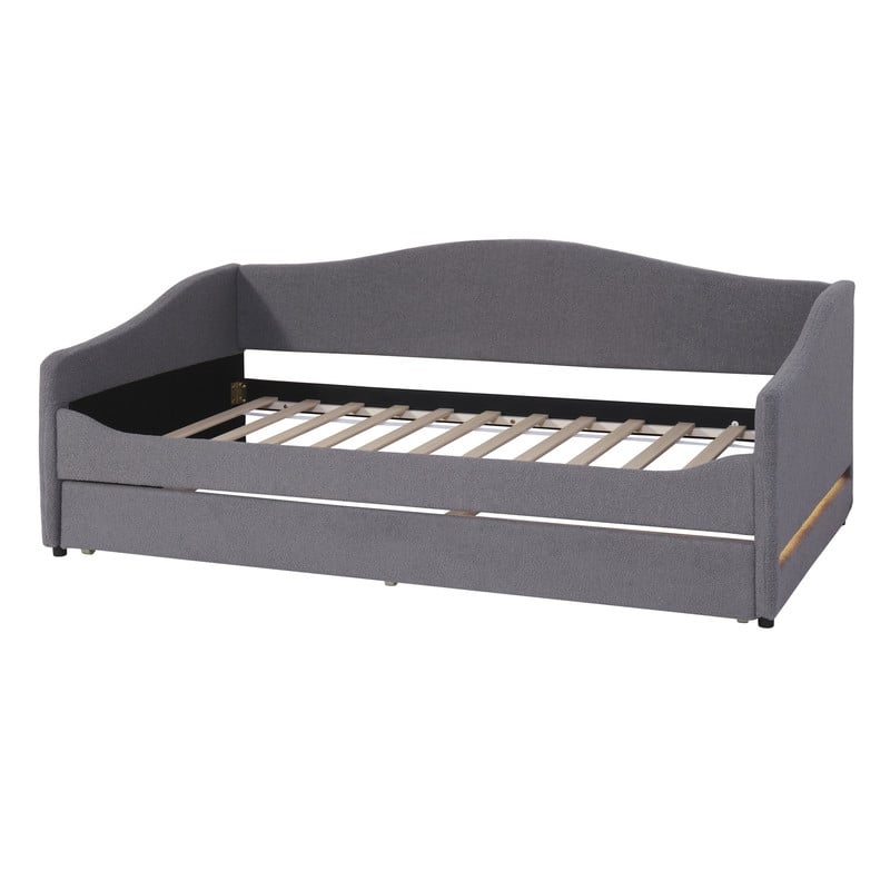 Teddy Fleece Twin Size Upholstered Daybed with Light and Trundle