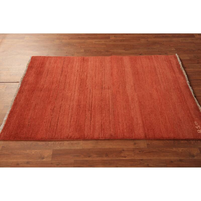 Stripe Orange Gabbeh Modern Rug Handmade Wool Carpet - 3'5" x 4'10"