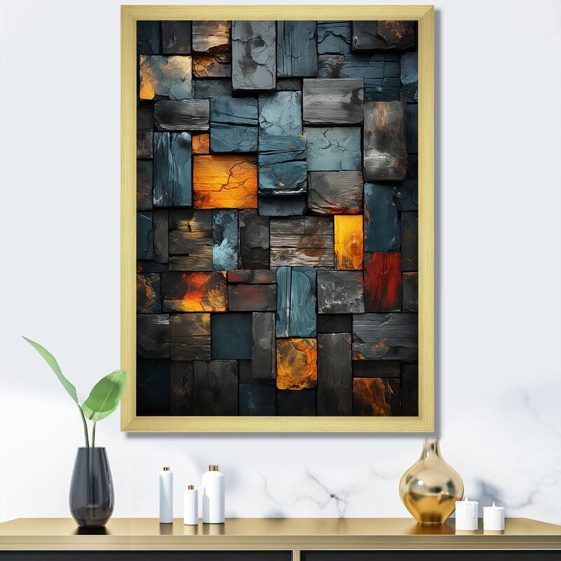 Designart "Grunge Gold Cubes Abstract Geometric VII" Abstract Tile Wall Decor Gold Modern Living Room Framed Canvas Art - 16 in. wide x 32 in. high - Gold