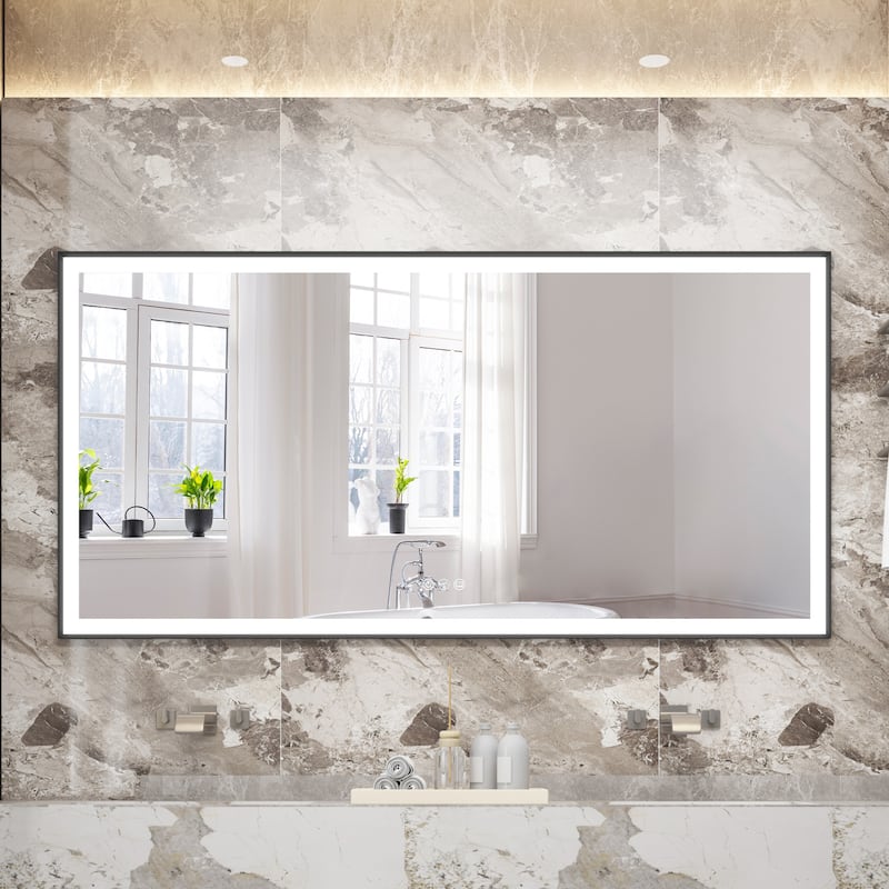 Wall Mounted Bathroom Heavy Duty Framed LED Mirror With bright light And And Memory Function - 72'' W x 36' H - Matte Black