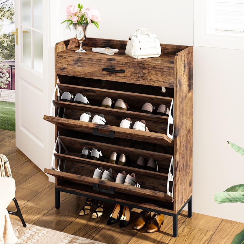 Mieres Rustic Brown Wooden 12 Pair Shoe Storage Cabinet with Flip Drawer, Entryway Organizer - 2-Tier