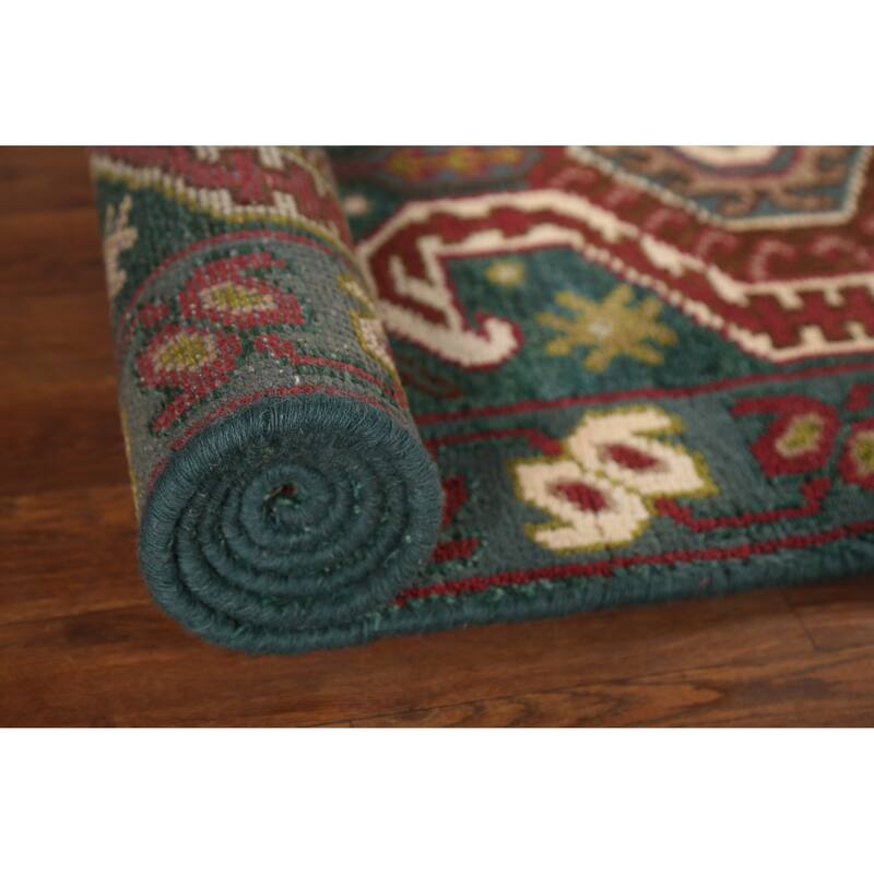 Green Geometric Kazak Indian Runner Rug Handmade Wool Carpet - 2'5"x 9'10"