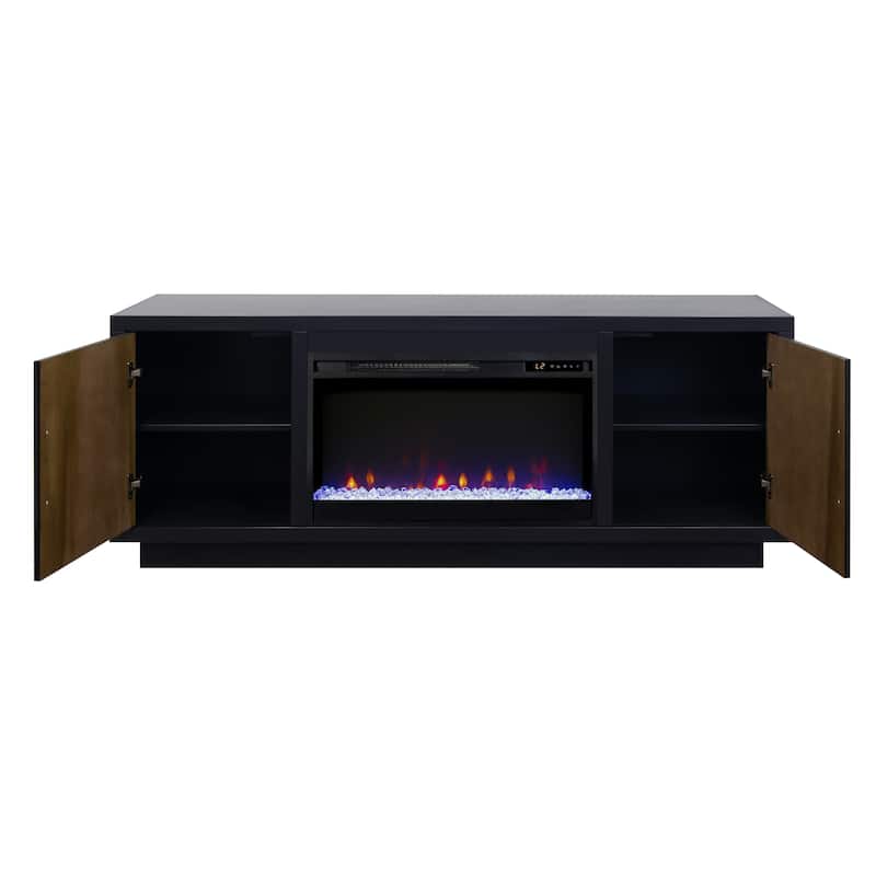 Bridgevine Home Aria 66 inch Fireplace TV Stand for TVs up to 80 inches, Minimal Assembly, Black and Walnut Finish