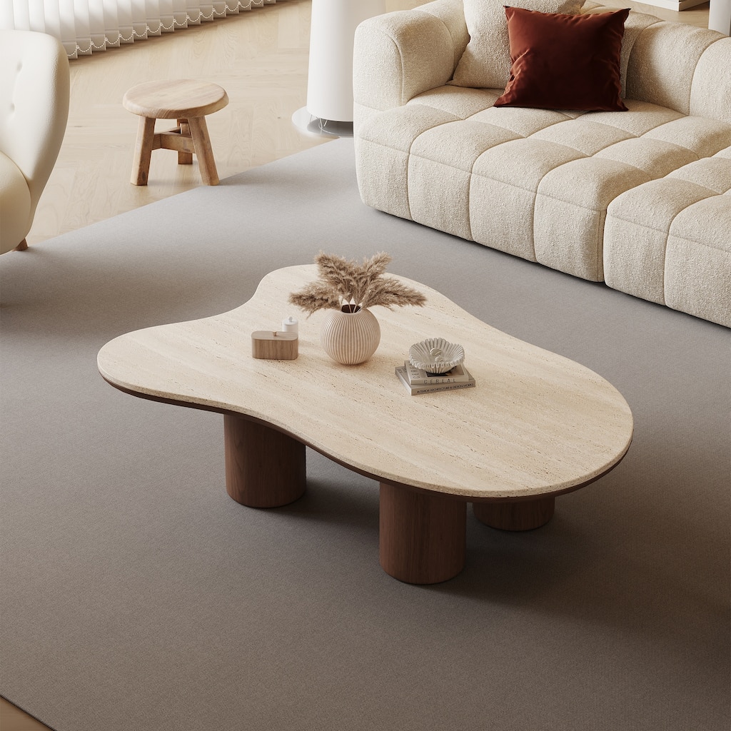 48“ Modern Wood Coffee Table, Matte Stone Top, cloud Shaped