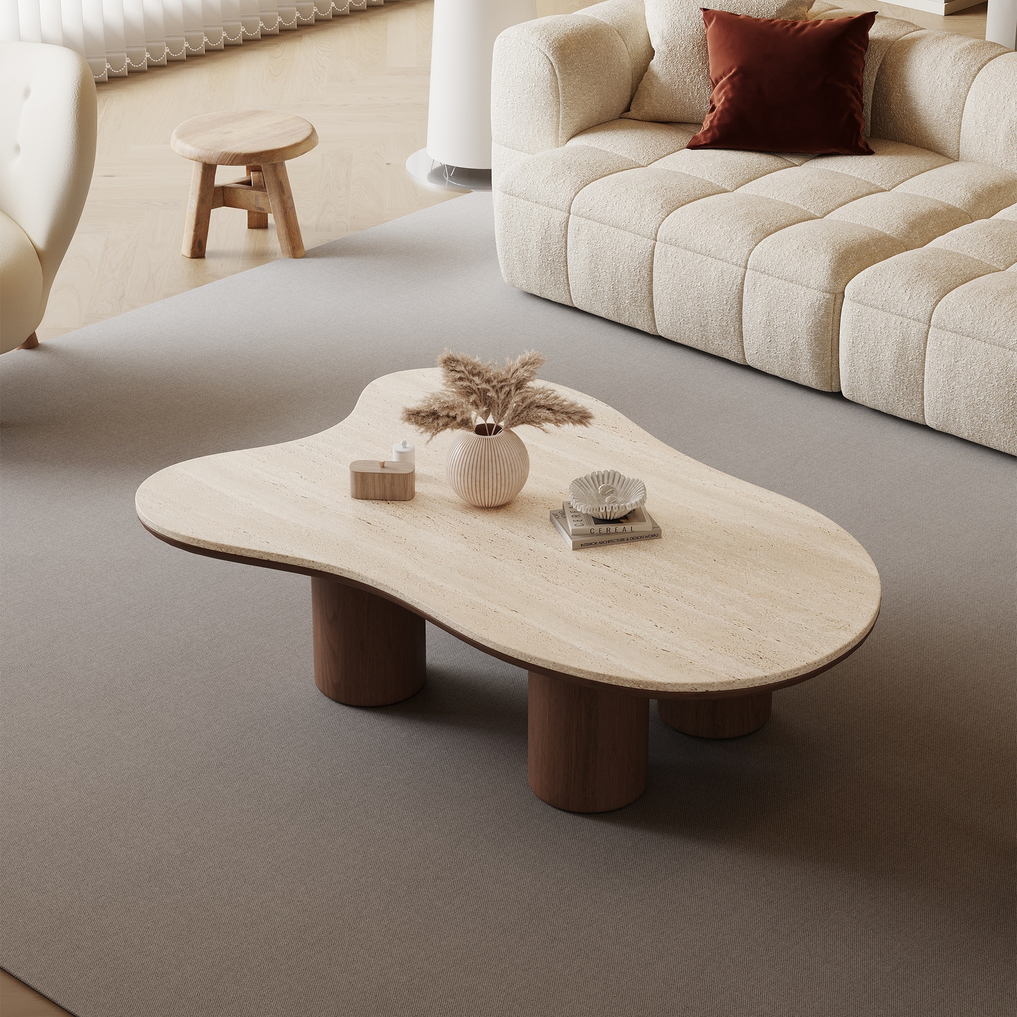 48" Modern Wood Coffee Table, Matte Stone Top, cloud Shaped, 4 Solid Wood Veneer Legs