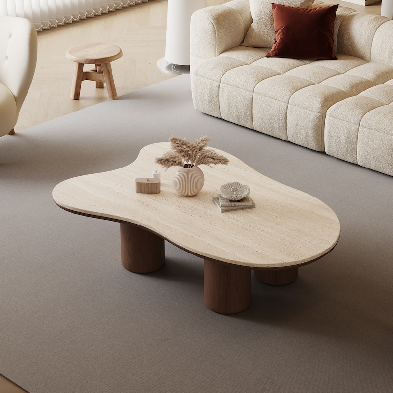 48“ Modern Wood Coffee Table, Matte Stone Top, cloud Shaped - Brown - Marble