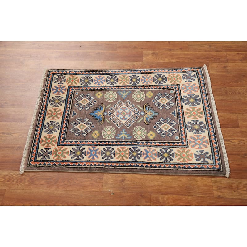 Traditional Kazak Oriental Foyer Rug Hand-Knotted Brown Wool Carpet - 2'0"x 3'0"