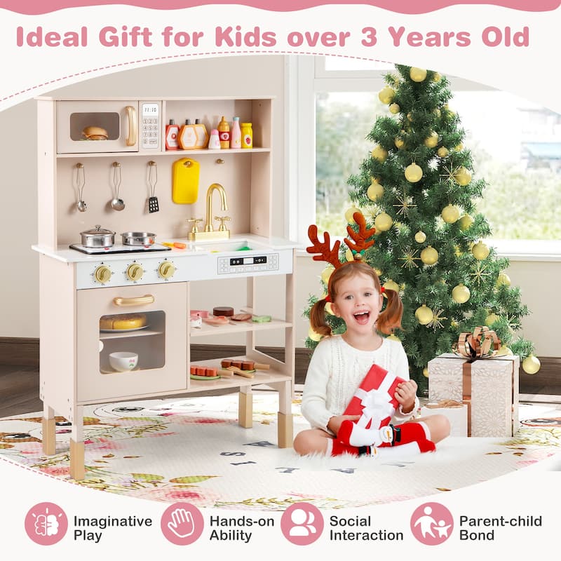 Gymax Height Adjustable Play Kitchen Wooden Kitchen Playset w/ Real