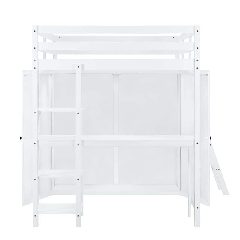 Full Size Wooden Loft Bed with Wardrobe and Desk and Shelves