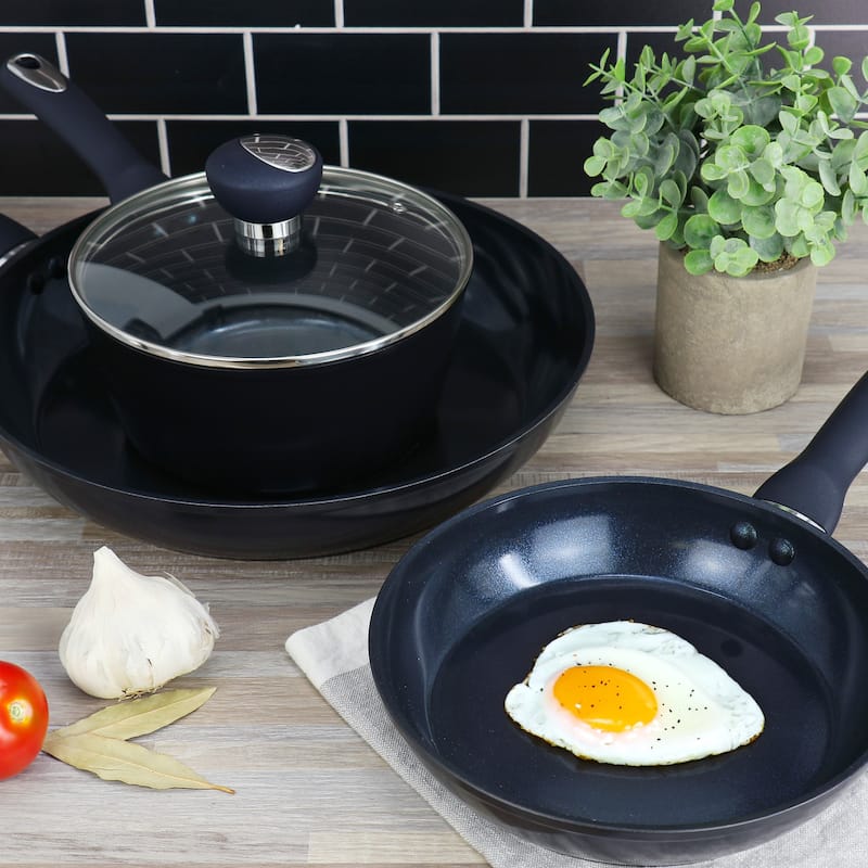 1.9 Quart Ceramic Nonstick Aluminum Saucepan with Lid in Dark Blue