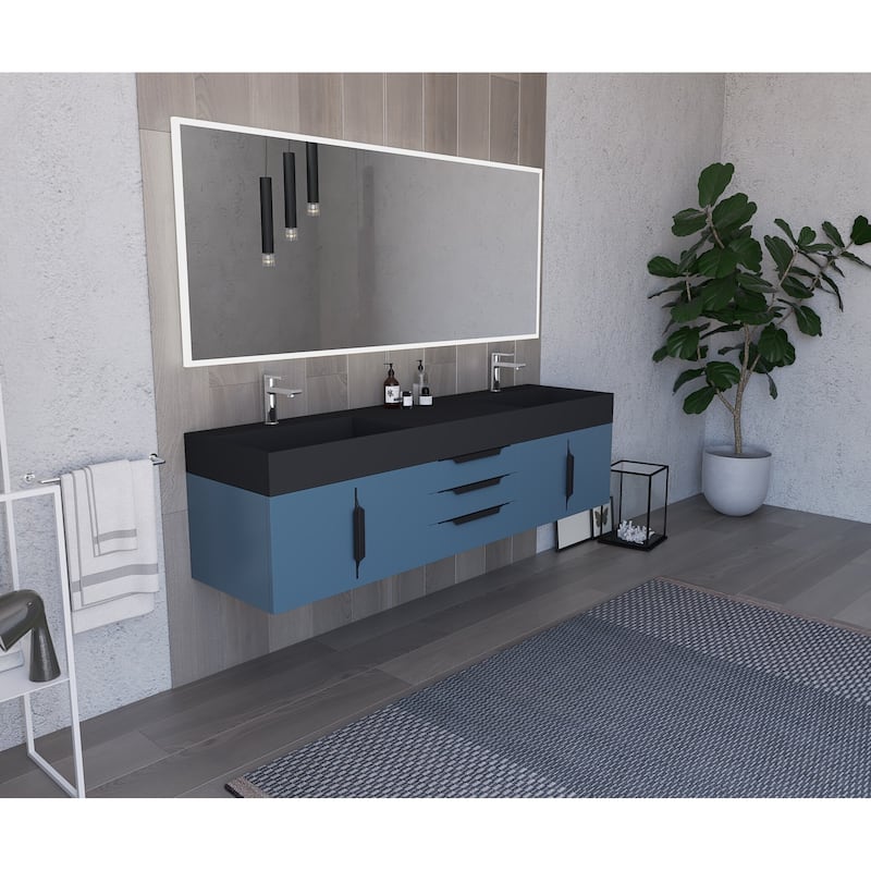 Amazon 72" Wall Mounted Bathroom Vanity Set w/ Black Top