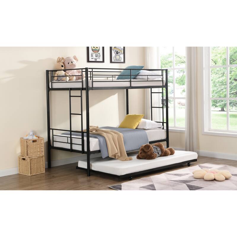 Space-Saving Twin Over Twin Metal Bunk Bed with Trundle, Black - Easy Assembly, No Box Spring Needed