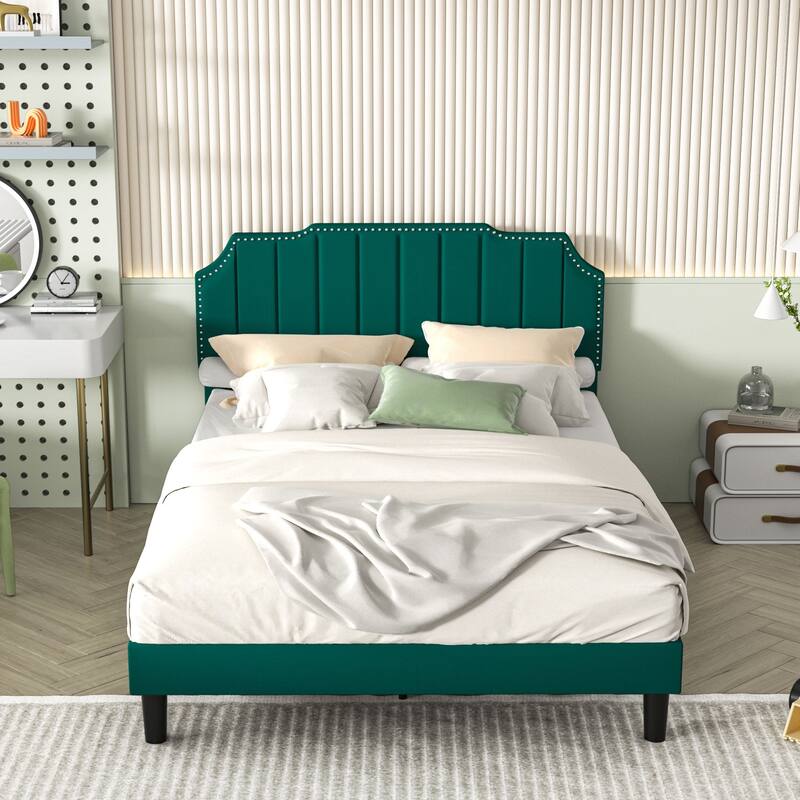 VECELO Upholstered Bed Frame with Nailhead Trim Adjustable Height Headboard, Twin/Full/Queen Size Bedframes