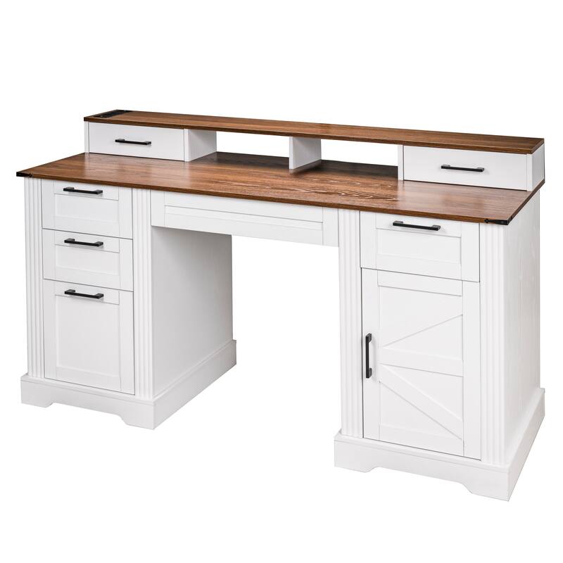 59" Farmhouse Office Desk with Charging Station, Barn Door, File Drawer & Monitor Stand