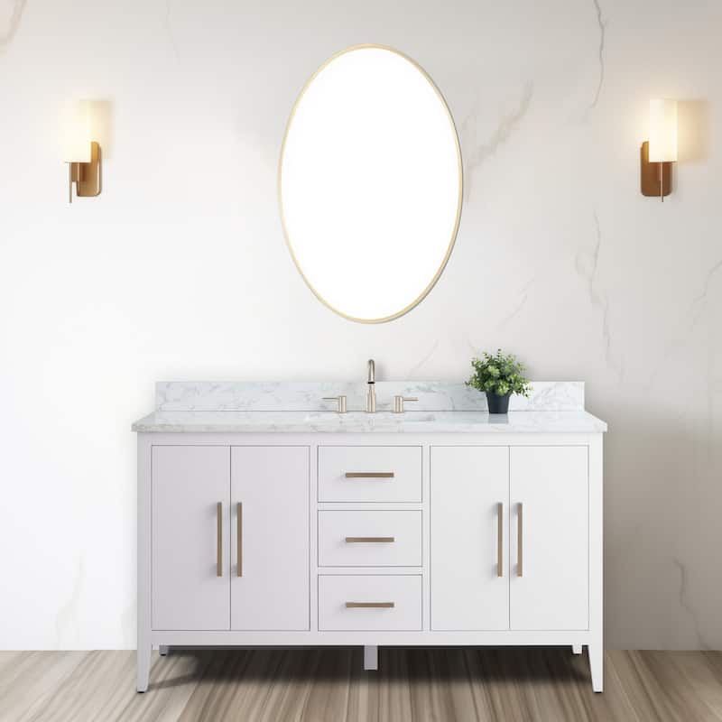 Vanity Art 60" Single Sink Bathroom Vanity Cabinet with Engineered Marble Countertop - 60"/Golden Brushed Handle - White