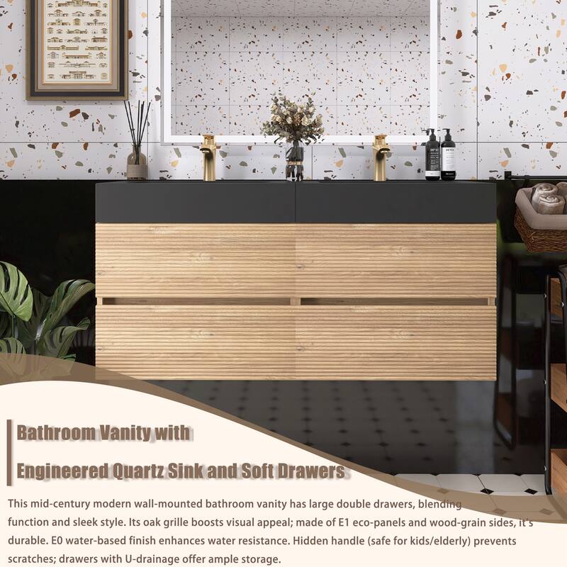 Wall Mounted Bathroom Vanity with Solid Surface Sink and Soft Drawers