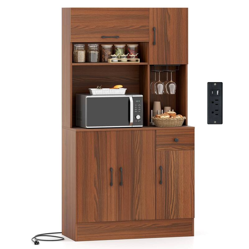 Costway 66" Pantry Cabinet Tall Kitchen Storage Cabinet with Charging - See Details - Brown