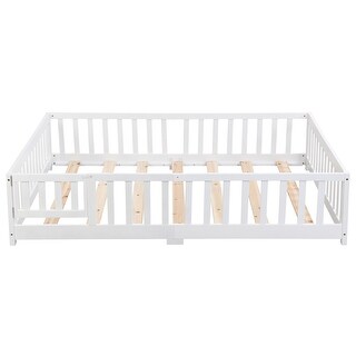 Queen Size Wooden Floor Bed with Door & Fence for Children, White