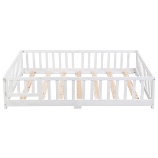 Twin Size Solid Wood Platform Bed Floor Bed with Door and Fence