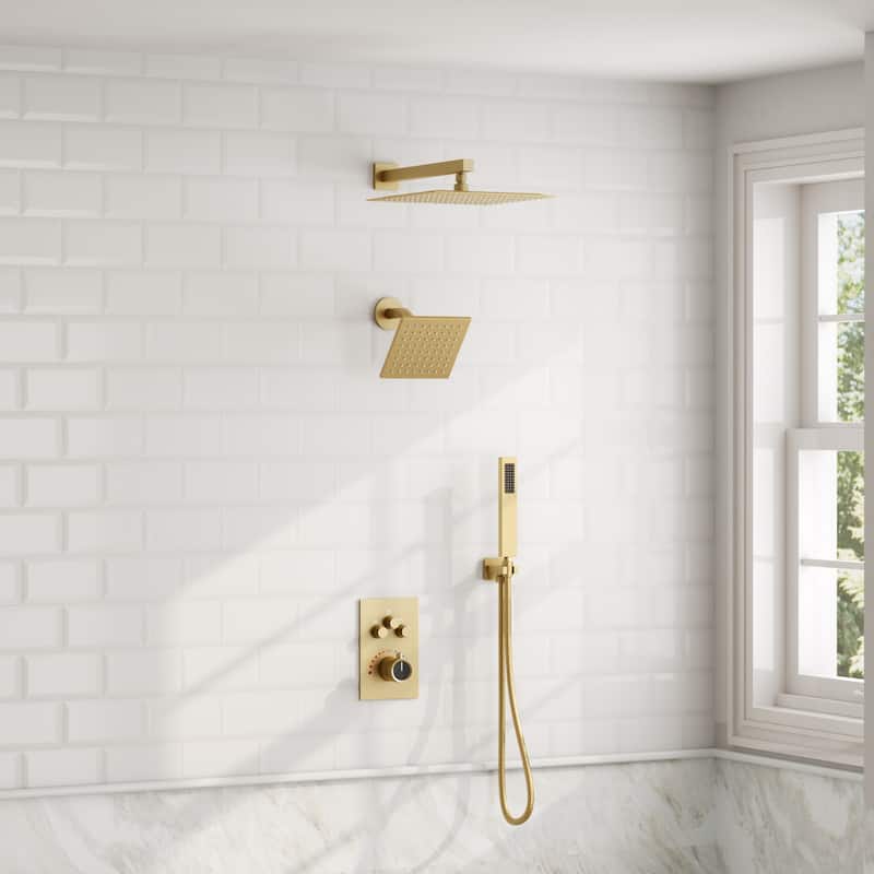 GRANDJOY 3-Function Thermostatic Shower System 12'' Rainfall Shower Head with Anti-Scald Valve