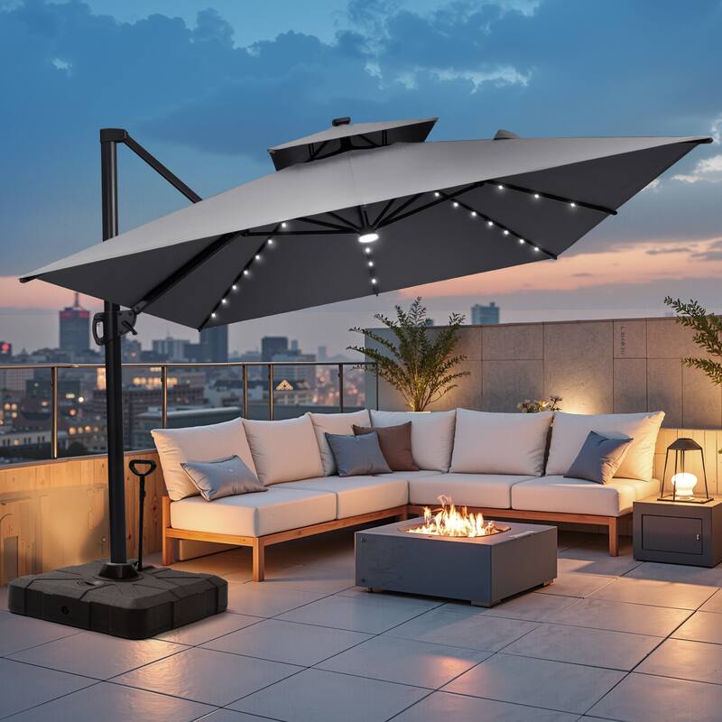 10 X 13 FT Outdoor Patio Cantilever Umbrella with Solar Lights Rod Wheel Base Double Canopy 360 Rotation Tilt - DarkGrey