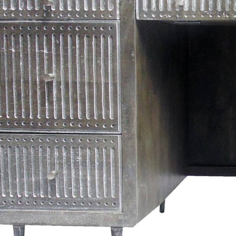 HomeRoots 64" Brown and Silver Solid Wood Executive Desk With Five Drawers