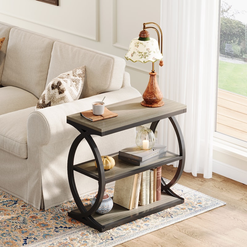 Small 3-Tier End Table for Living Room, Industrial Wooden Side Table with Metal Frame, Rustic Brown