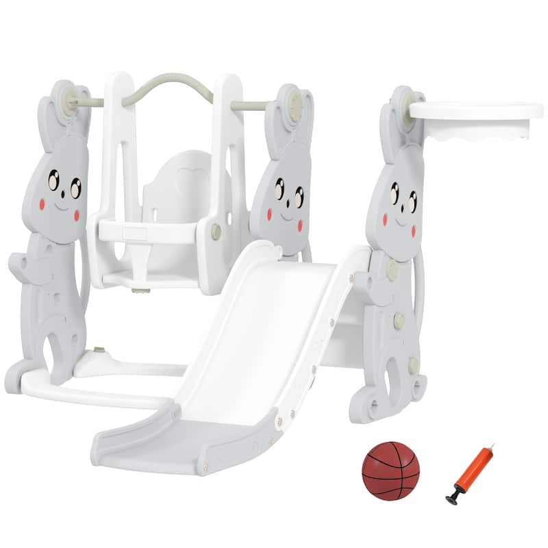 Gray 4 in 1 Kids Playset with Slide Swing Climber and Basketball Hoop for Toddlers 18 to 48 Months - 58.1" L x 63" W x 42.1" H - White