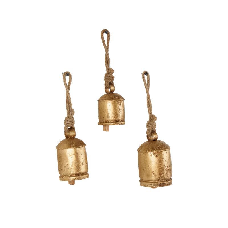 Metal Cluster Indoor Outdoor Decorative Cow Bells with Jute Hanging Rope - Set of 3 Black or Gold - Roche River Decor