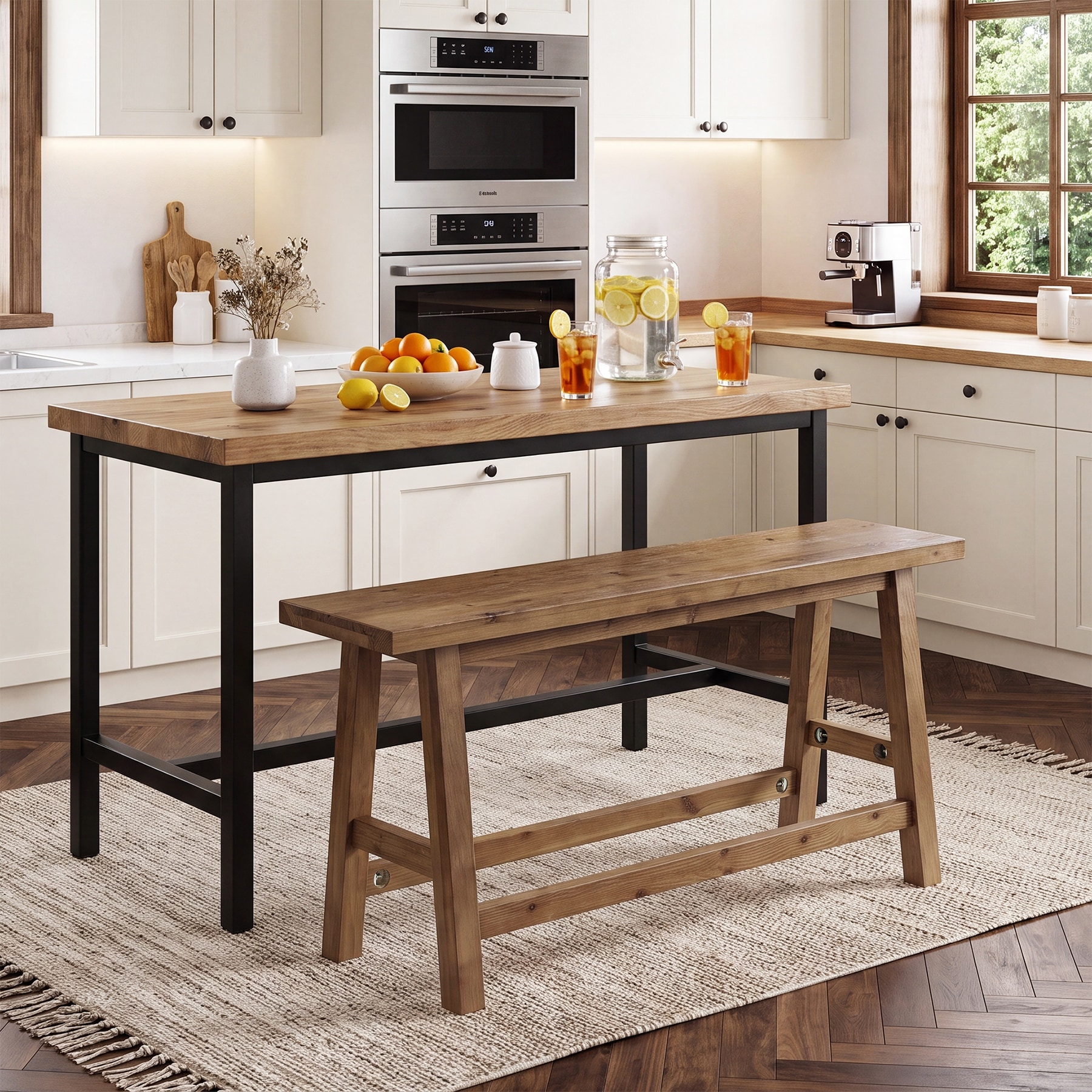 55" Solid Wood Counter Bench for Bar Island Table, 25.6" High, Footrest