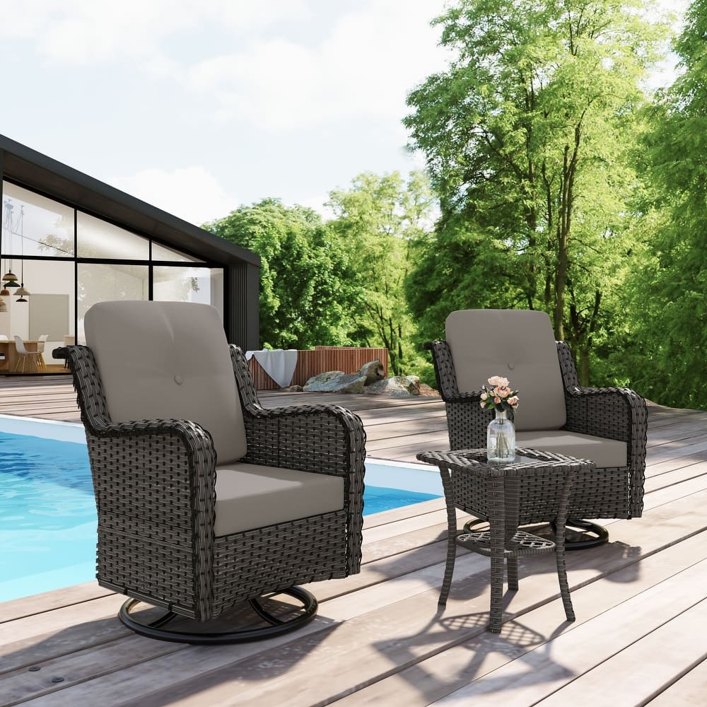 Outdoor 3 Pieces Rattan Wicker Bistro Set Swivel Rocker With Cushion & Table