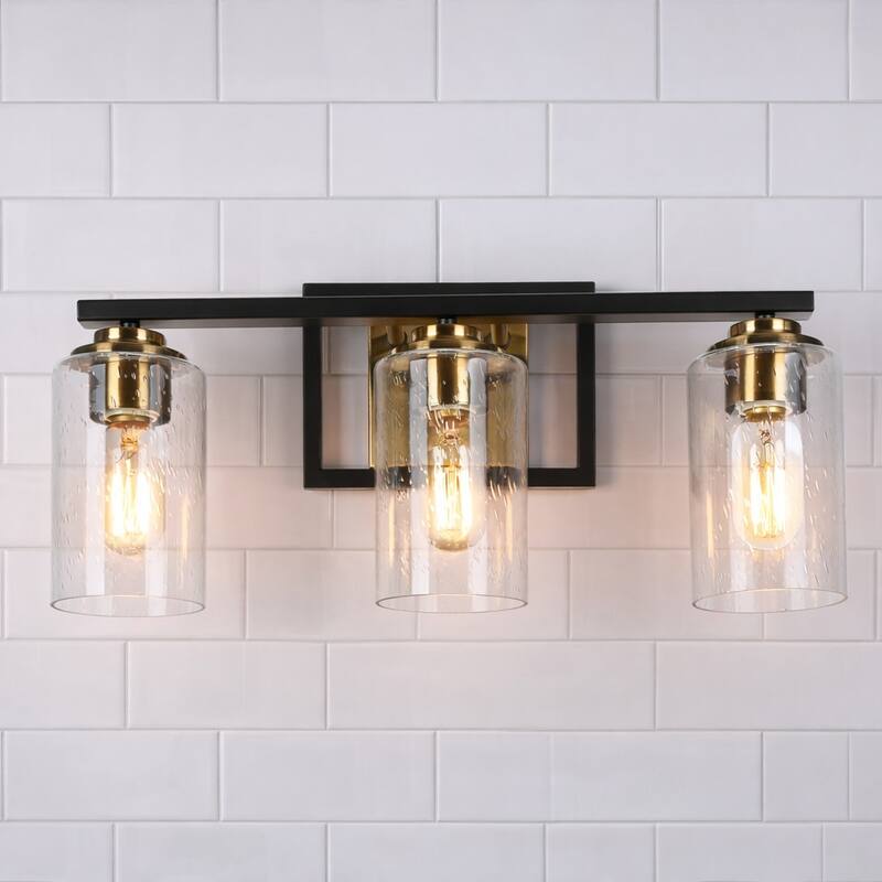 2/3/4-Light Modern Black Gold Bathroom Vanity Lights Seeded Glass Wall Sconces - 3-Light
