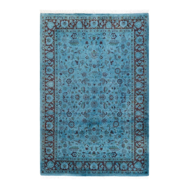 Overton Hand Knotted Wool Vintage Inspired Modern Contemporary Overdyed Blue Area Rug - 4' 2" x 6' 2"