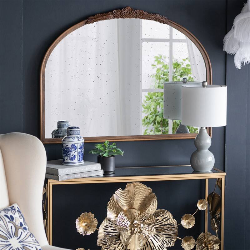 Hand Carved Rose Antique Mirror Frame Wood Arch Mirror Wall Decor
