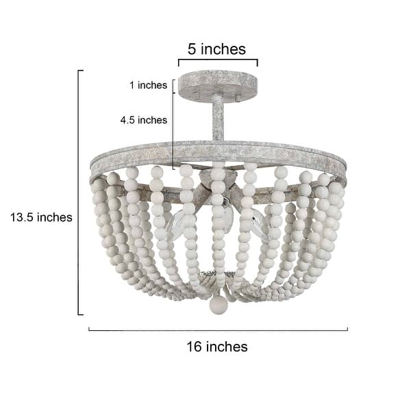 Allisa Wood Beaded 3-Light 16" Farmhouse Boho Semi Flush Mount Ceiling Light - D16" x H13.5"